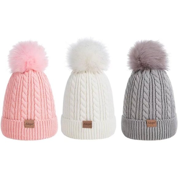 Kids Winter Beanie Children's Warm Fleece Lined Knit Thick Ski Cap with Pom - Picture 1 of 7